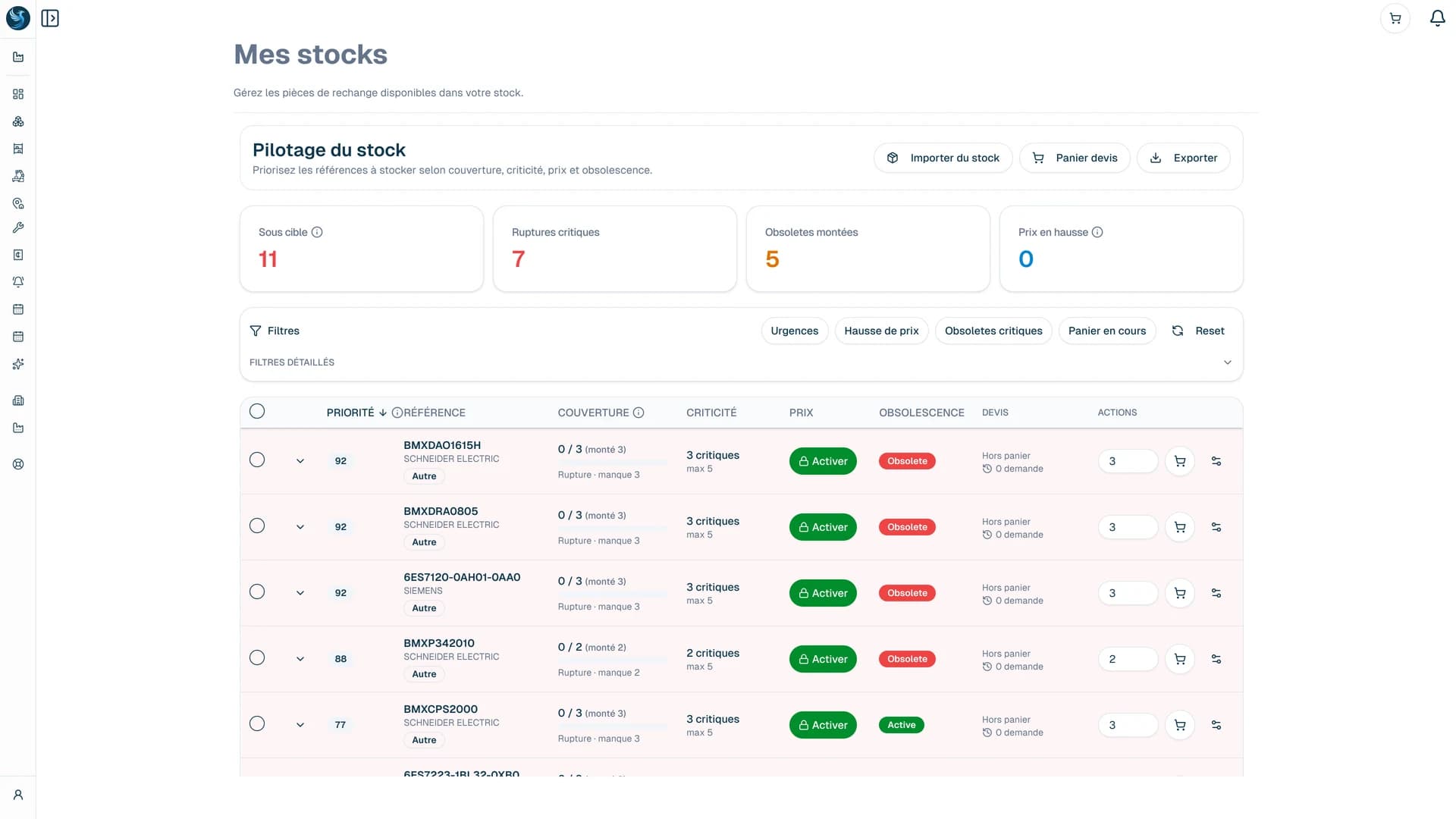 Vue Infénix du stock de rechange avec les références sous cible et leur état d’obsolescence.